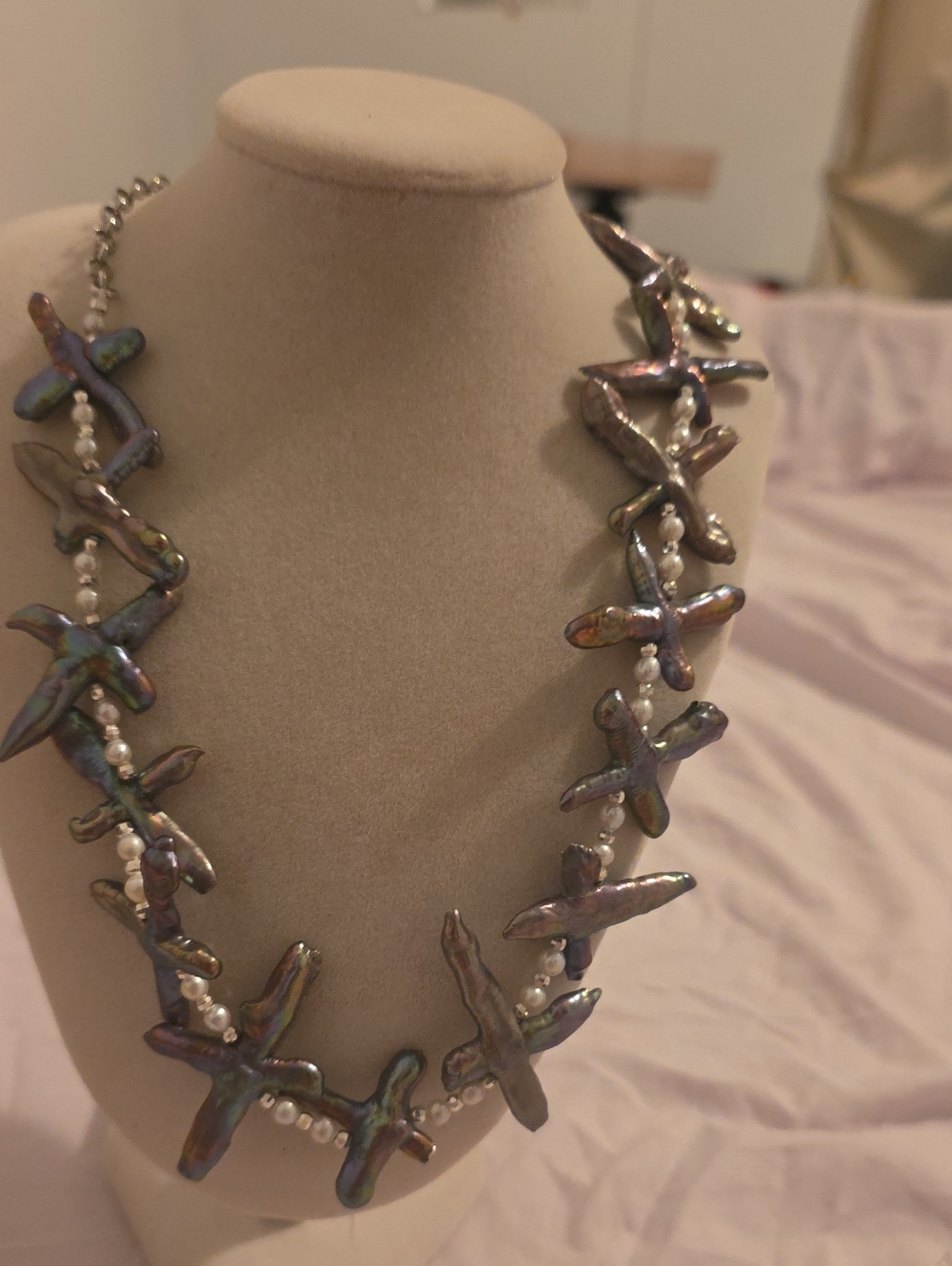 Irregular Freshwater Pearl Cross-Link Necklace in Iridescent Black/purple
